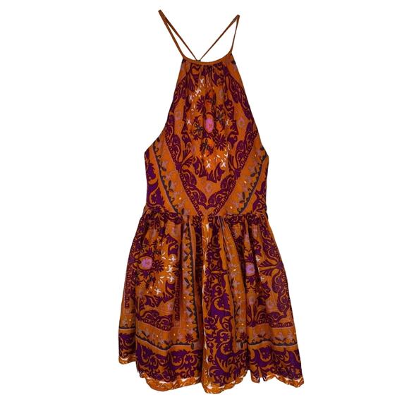 ECOTE | Orange Boho Halter Top Open Back Mini Dress - Picture 1 of 8